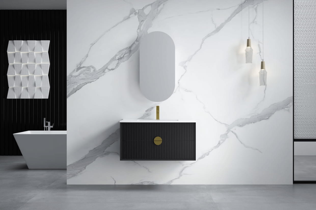 Kingo Matt Black Wall Hung 900mm Vanity, Single Bowl, with Gold Handles in a luxury bathroom scene.