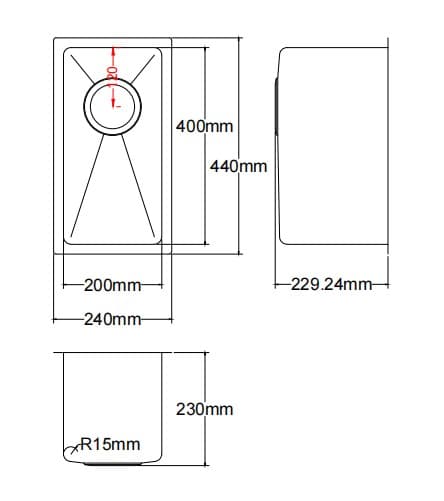Dimension drawing Kliff Stainless Steel Single Bowl Sink 240×440×230mm