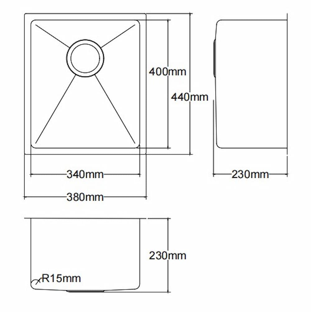 Dimension drawing Kliff Stainless Steel Sink 380×440×230 mm