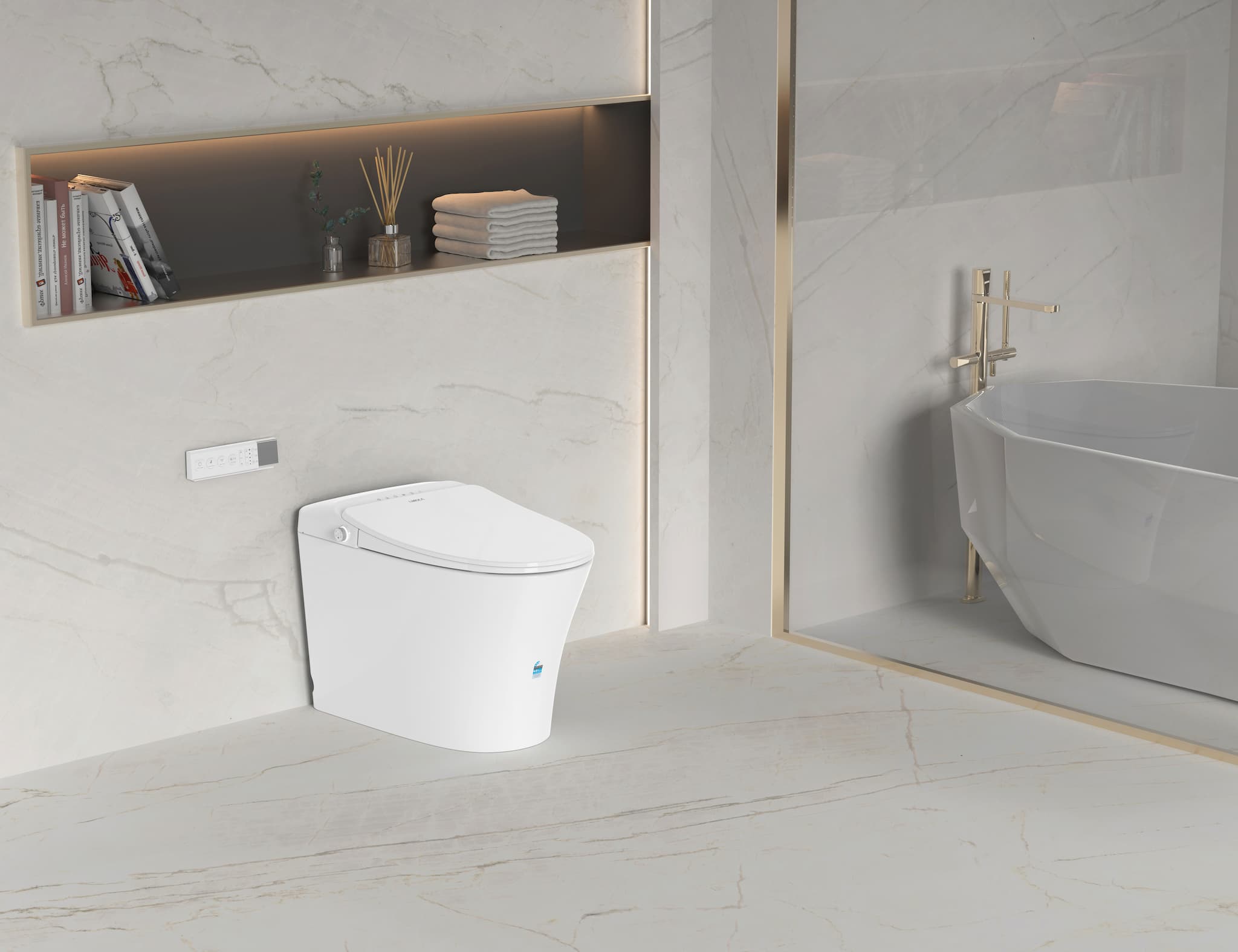 Modern bathroom with Lukka SAMOS Back to Wall Smart Toilet in gloss white and bathtub.