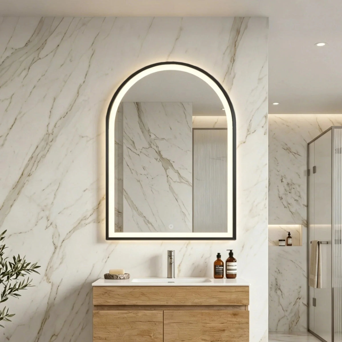 Lukka Arco framed LED arch bathroom mirror – lifestyle view