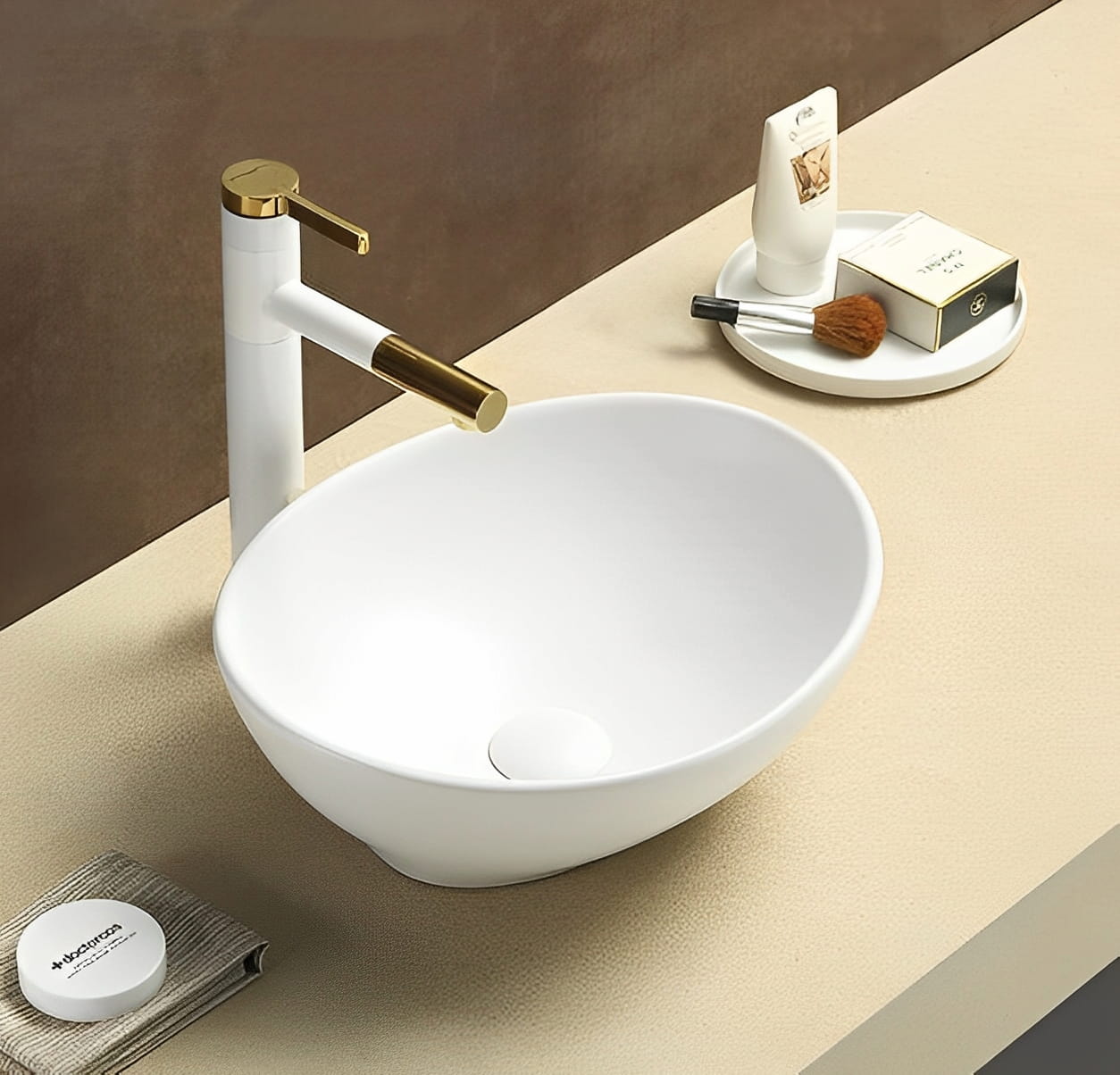Modern bathroom vanity setup showing the Birch Oval countertop basin installed on a timber/stone benchtop