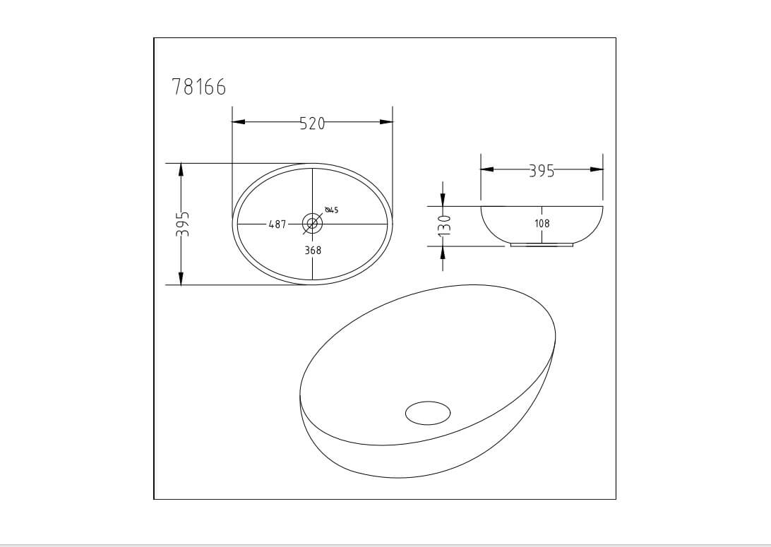 Dimension diagram of Lukka Carey Fine Ceramic Above Counter Basin 520x395x130mm showing measurements and shape