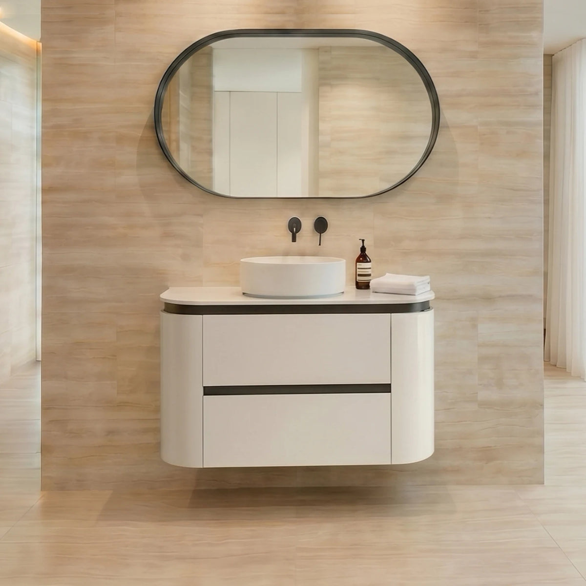 Lukka Devito 750mm Black & White PVC wall hung vanity bathroom setting; top and basin sold separately