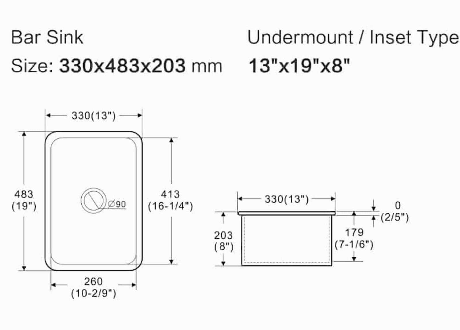 Lukka Elba Fireclay Bar Sink Gloss White 330x483x184mm Dimensions