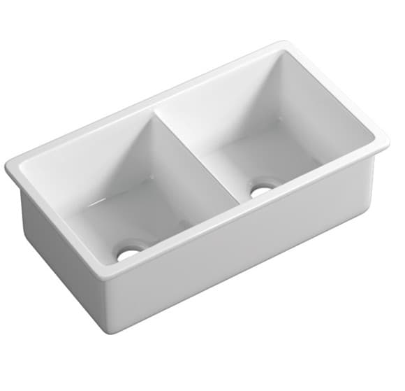 Procida 813mm fireclay double bowl sink gloss white inset undermount