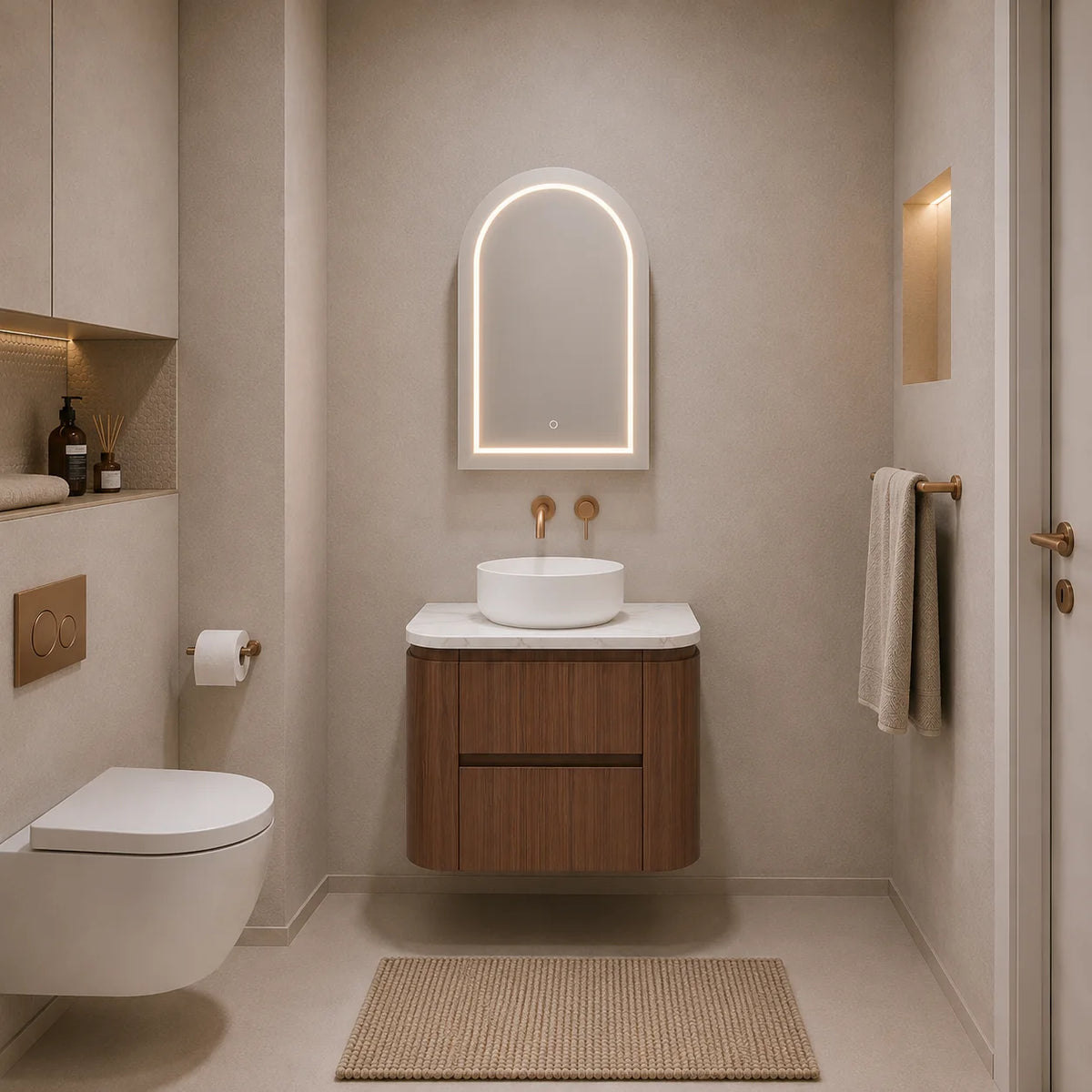 Lukka Ravello 750mm Mocha Oak plywood wall hung vanity bathroom setting; top and basin sold separately