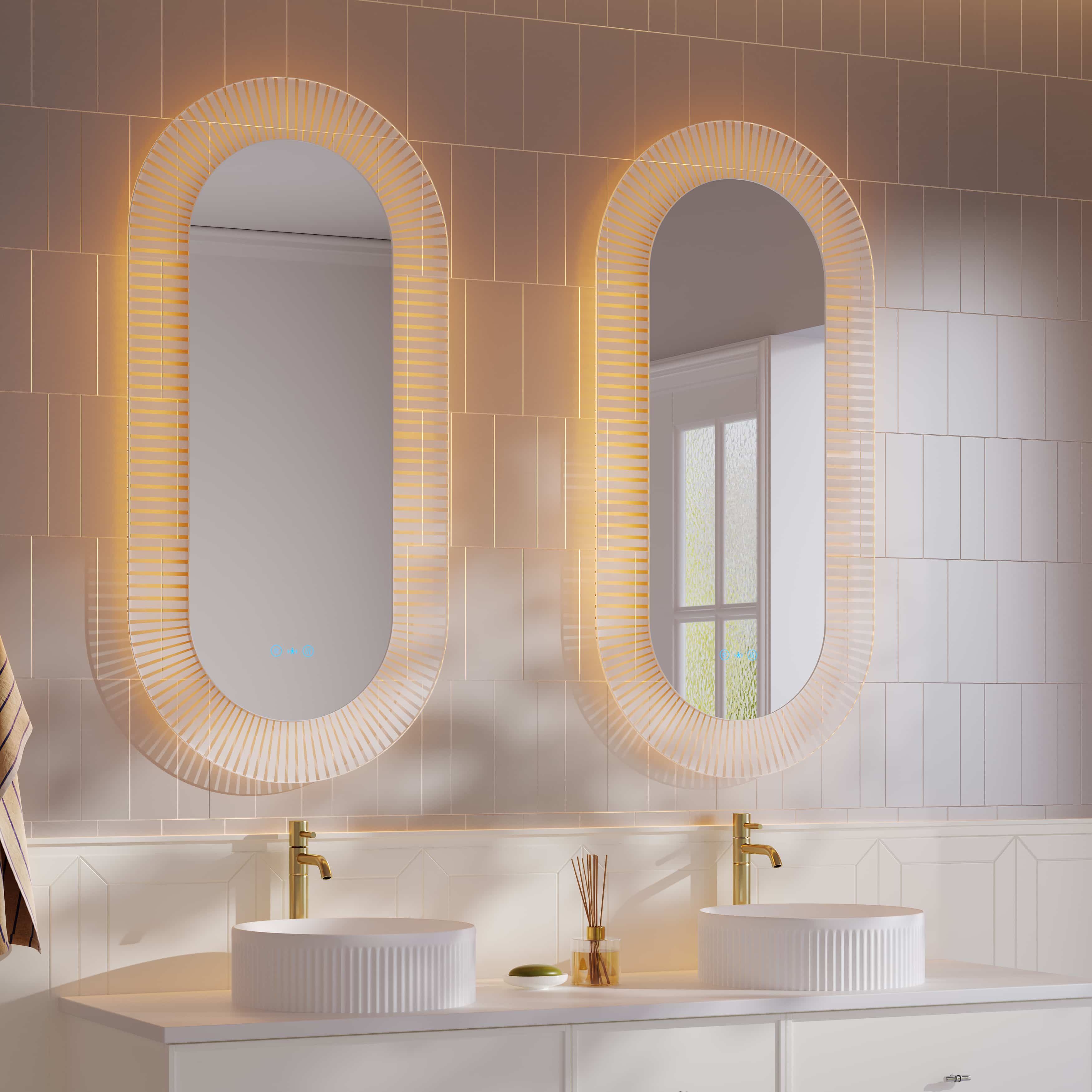 Side view of the Mercio Freya 600x1200mm LED oval mirror, highlighting its 35mm thickness and wall-mounted profile.