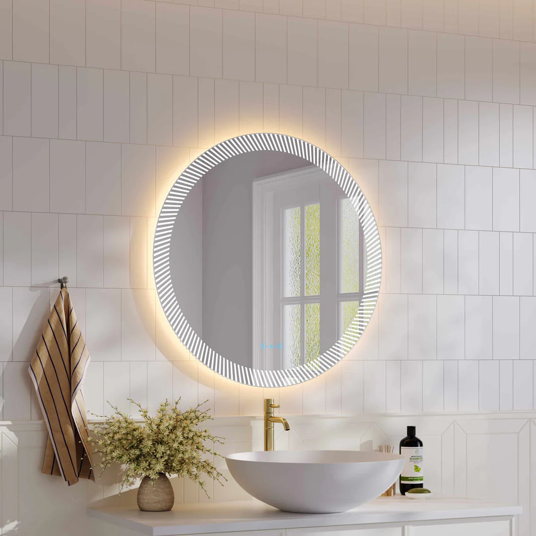 Side view of the Mercio Freya 800mm LED round mirror, highlighting its 30mm thickness and frameless design.