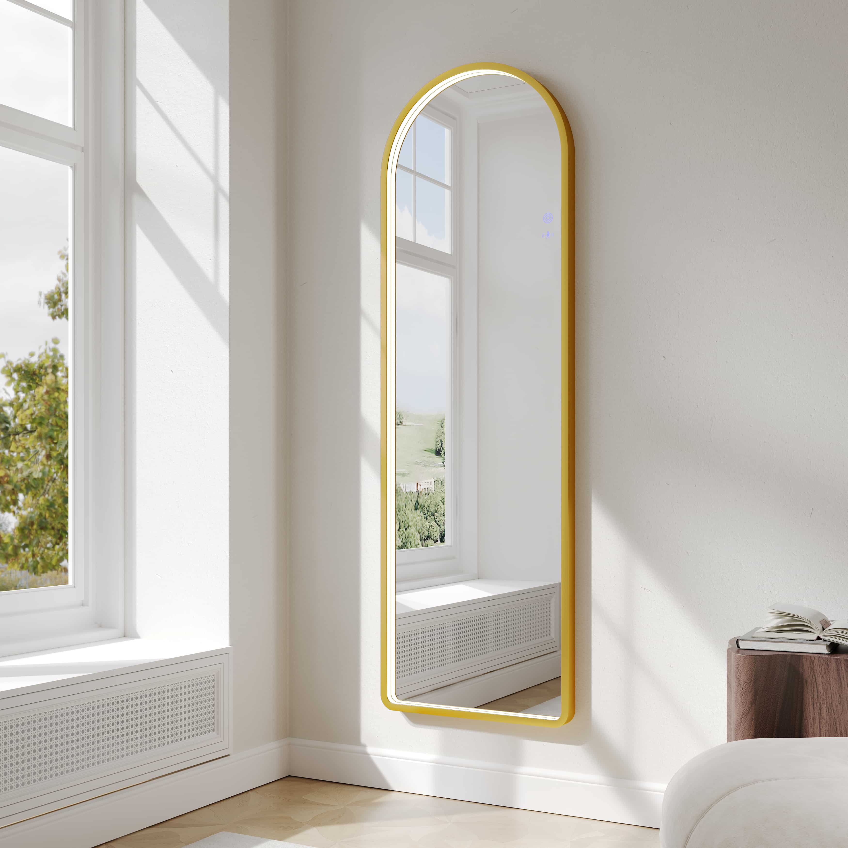 Side view of Mercio Saga 500x1600mm Brushed Gold framed LED arch mirror, showing the 45mm frame thickness and COB LED strip.