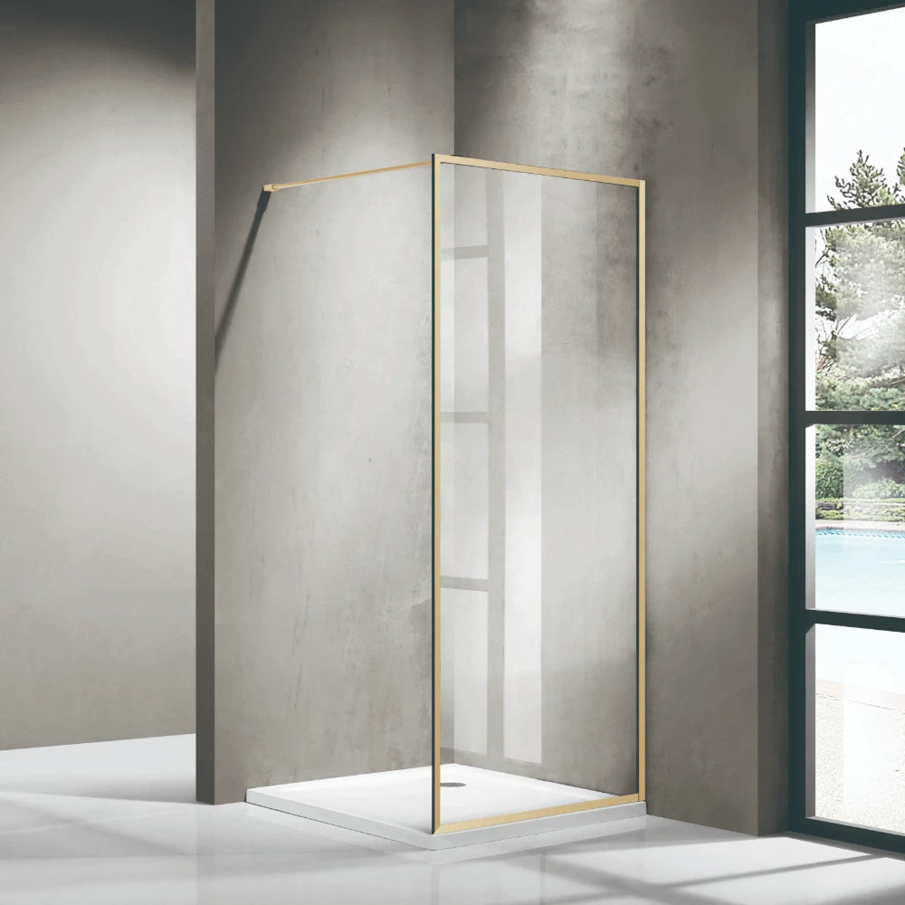 Covey framed walk-in single panel shower screen with 1000mm support bar in Light Gold.