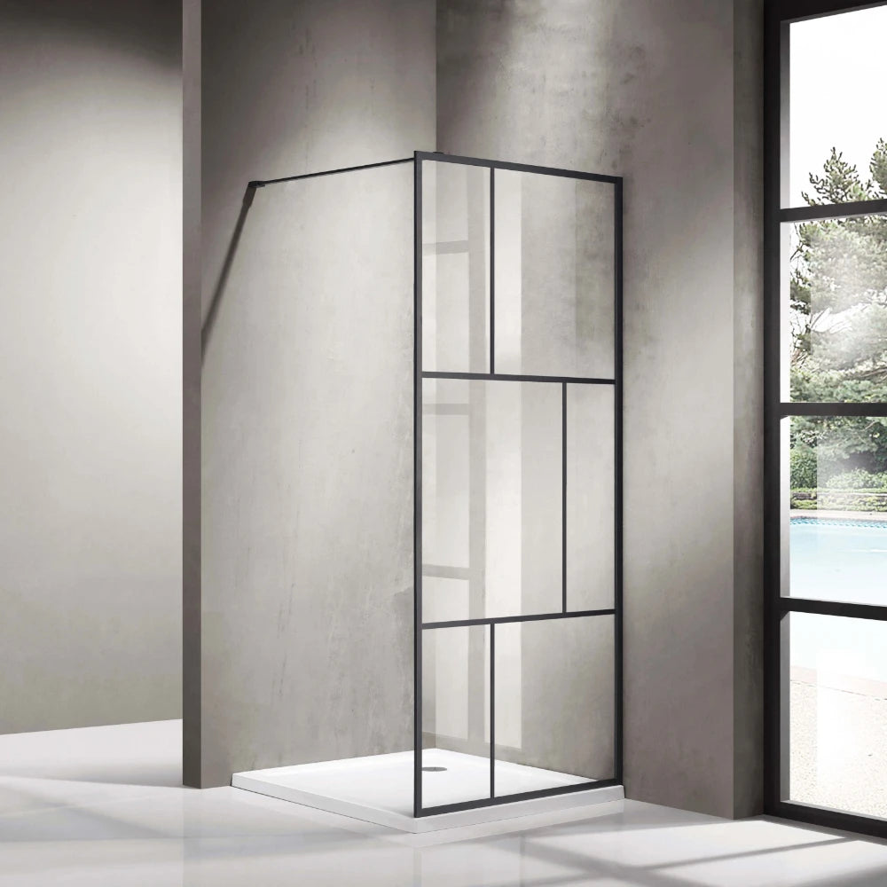 Contemporary bathroom interior featuring the NC003SG irregular grid shower panel and matte black hardware.