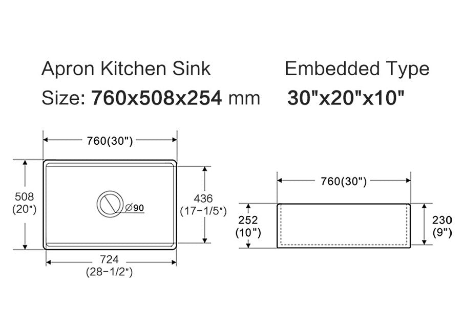 Orta Fine Fireclay Farmhouse Sink 760×508×254mm technical dimensions drawing