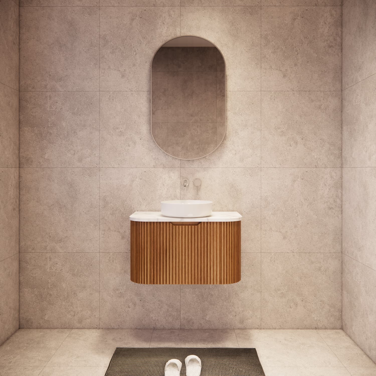 Contemporary bathroom featuring the Riva Bergen 750mm solid timber fluted curved wall hung vanity, enhancing warmth, spaciousness and elegant design with natural wood.