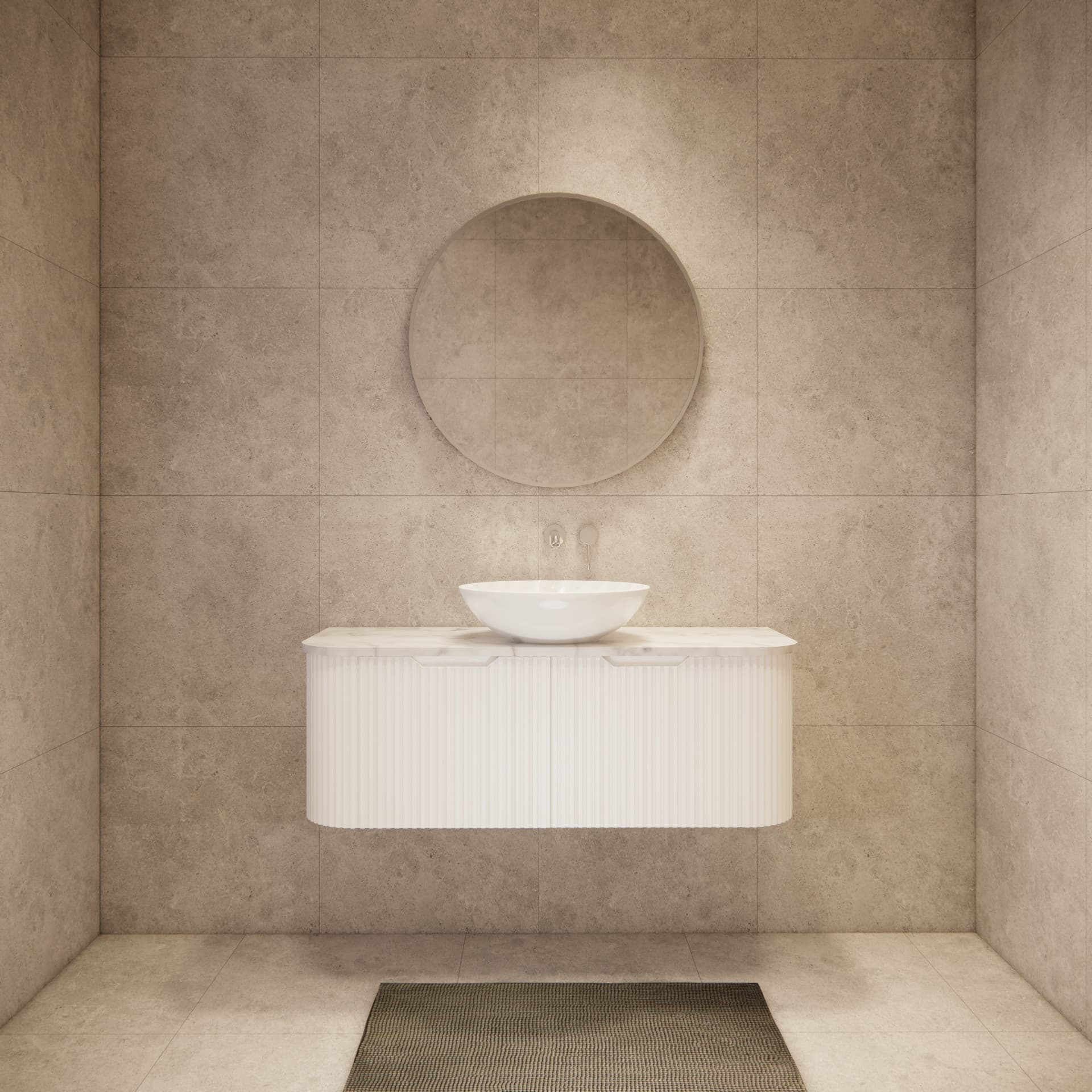 Contemporary bathroom featuring the Riva Bergen 1200mm single bowl matte white curved wall hung vanity, enhancing spaciousness and elegant design.