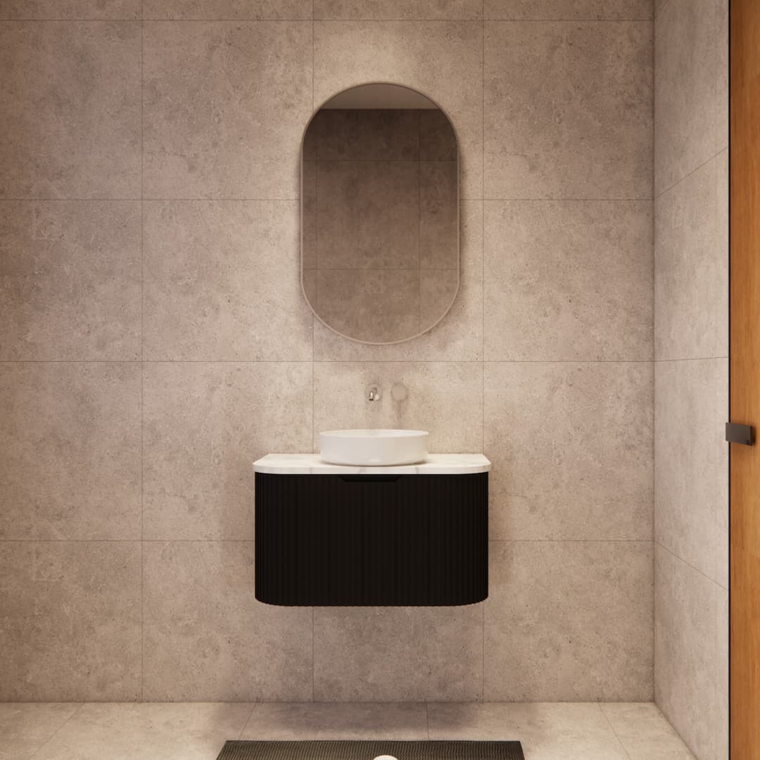 Contemporary bathroom featuring the Riva Bergen 750mm matte black fluted curved wall hung vanity, enhancing spaciousness and elegant design with texture.