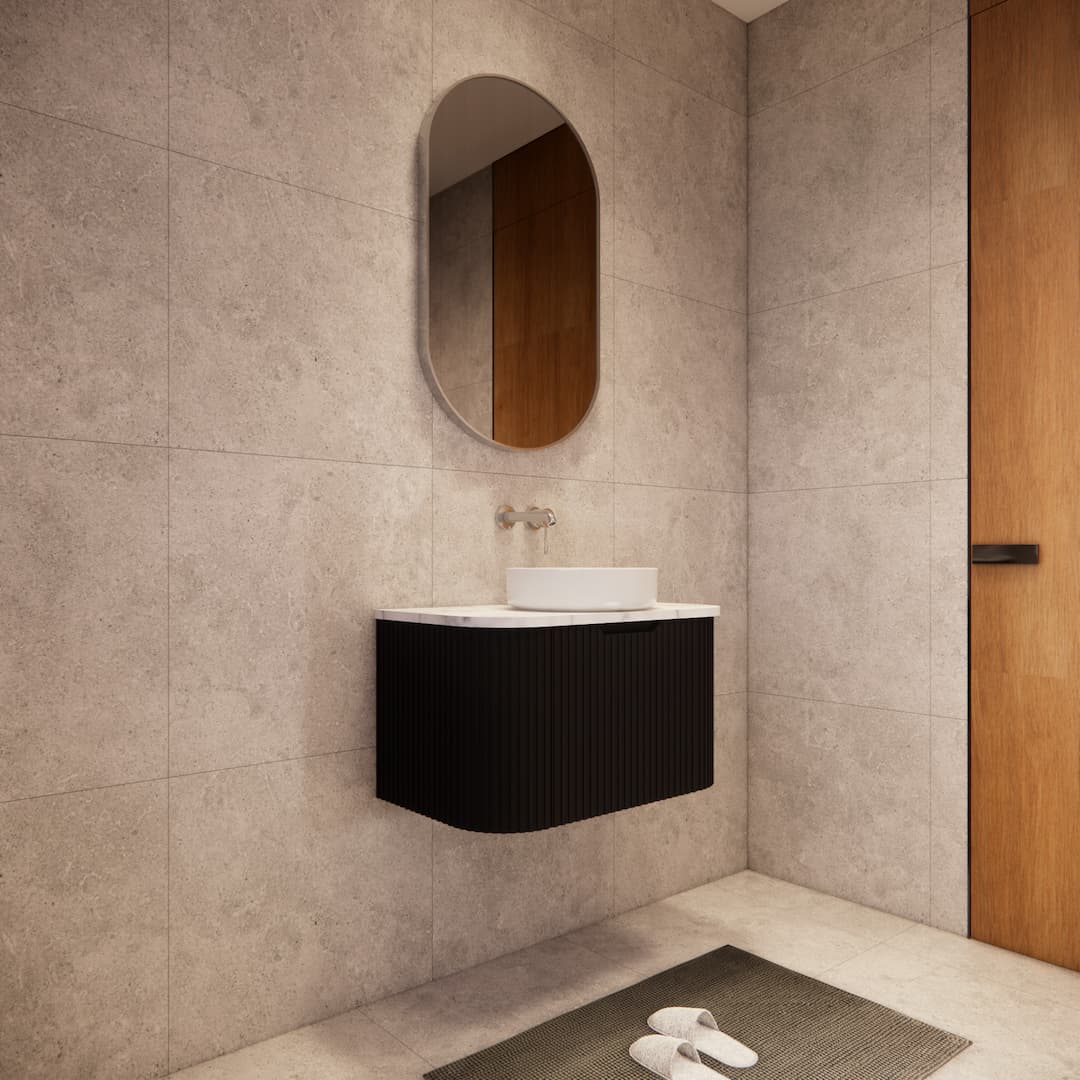 Side profile of the Riva Bergen 750mm matte black fluted curved wall hung vanity, demonstrating its unique rounded edges and space-saving attributes.