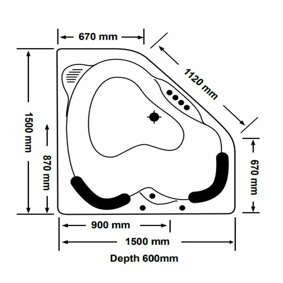 Corner freestanding bath diagram with dimensions, modern bathroom renovation product by Secasa Home