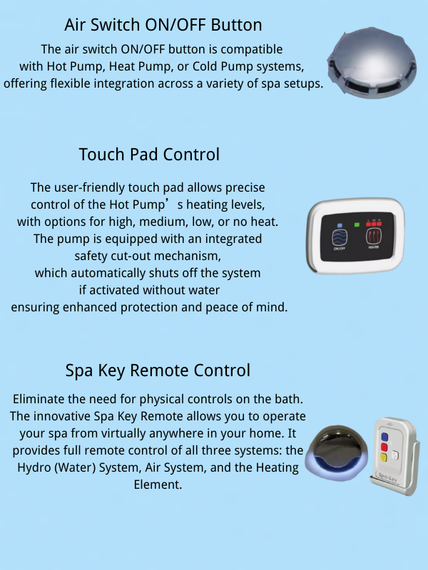Comparison of spa bathtub control options: air switch button, touch pad, and spa key remote, with images and features.