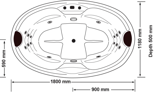 Spa bath top-down diagram with measurements, ideal for modern bathroom renovation layouts