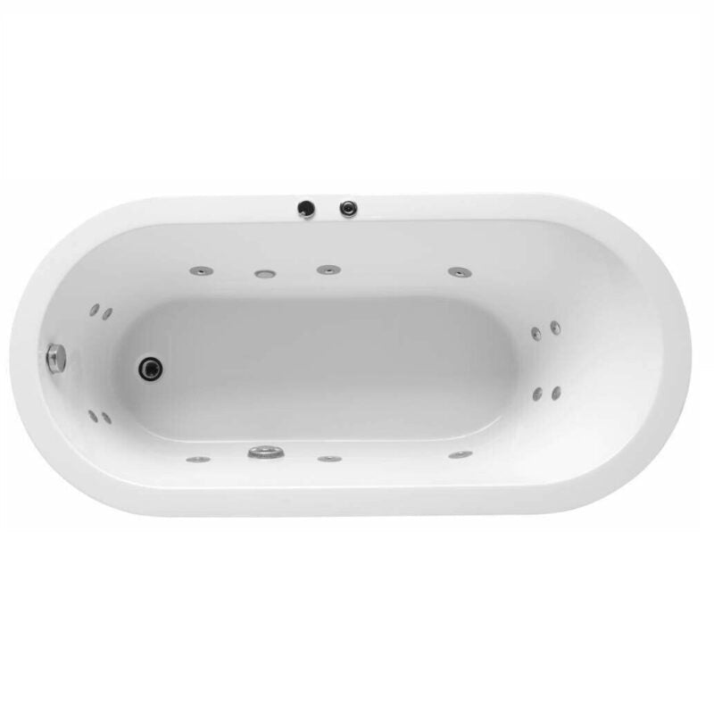 Sunny 1700mm Gloss White Freestanding Oval Spa Bath with 14 hydrotherapy jets and built-in pump.