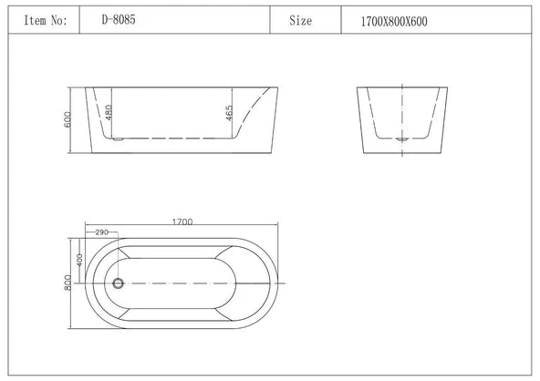 Technical diagram showing all dimensions and built-in pump specifications for the Sunny 1700mm Freestanding Oval Spa Bath.