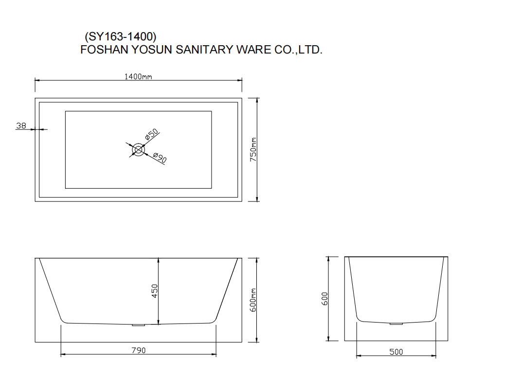 Sunny 163 1400–1700×750×600mm Gloss White Rectangle Acrylic Freestanding Bathtub