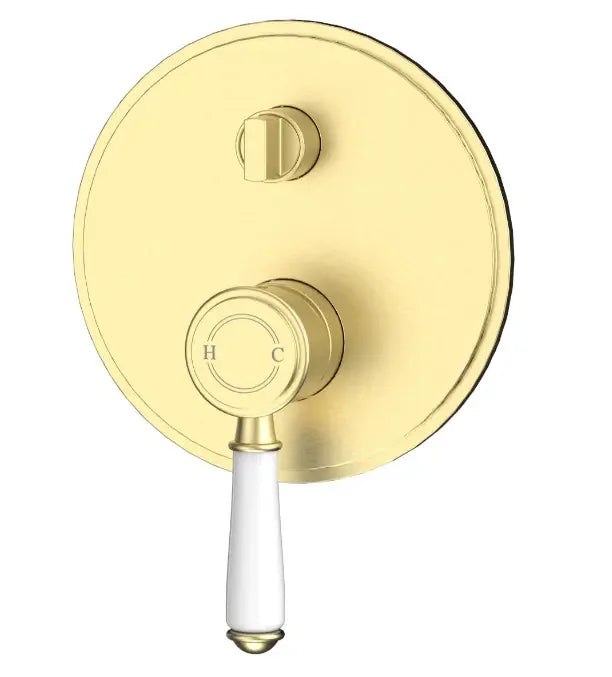 Modern gold and white bathroom shower mixer tap with classic handle design