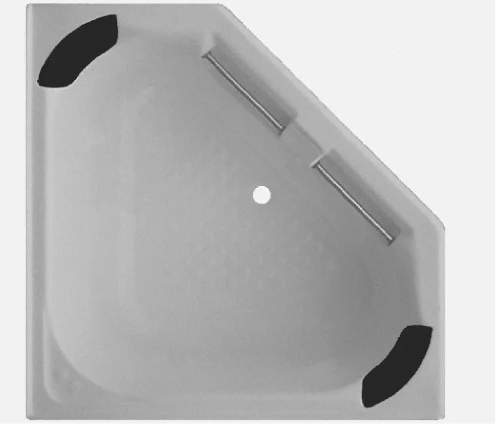 White corner bathtub with integral headrests, non-slip base, and chrome grab bar