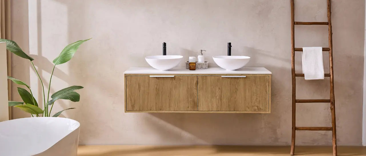 Wall-hung timber bathroom vanity with double above-counter basins and black tapware, styled with modern minimal design and ladder towel rack.
