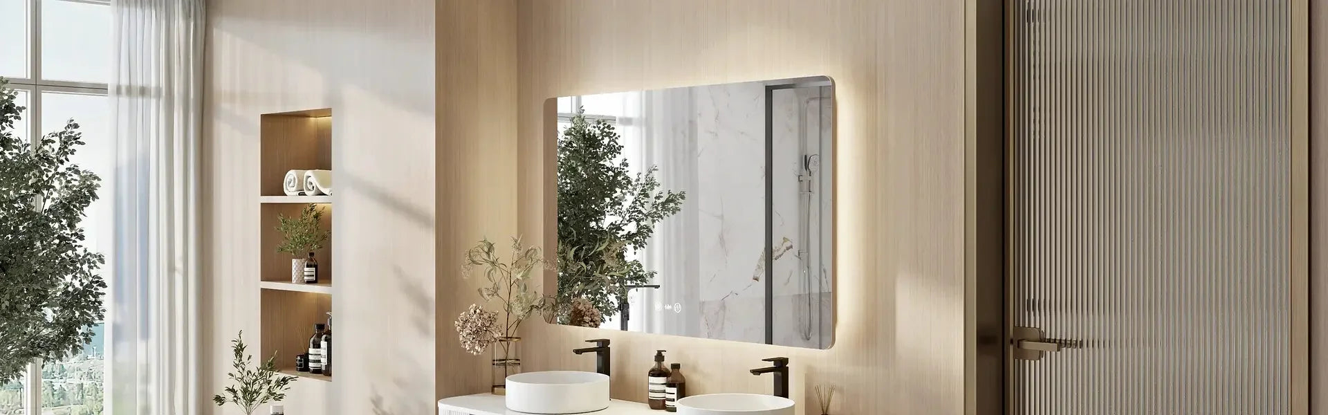 Contemporary bathroom with illuminated mirror, dual basins, and matte black tapware by Secasa Home