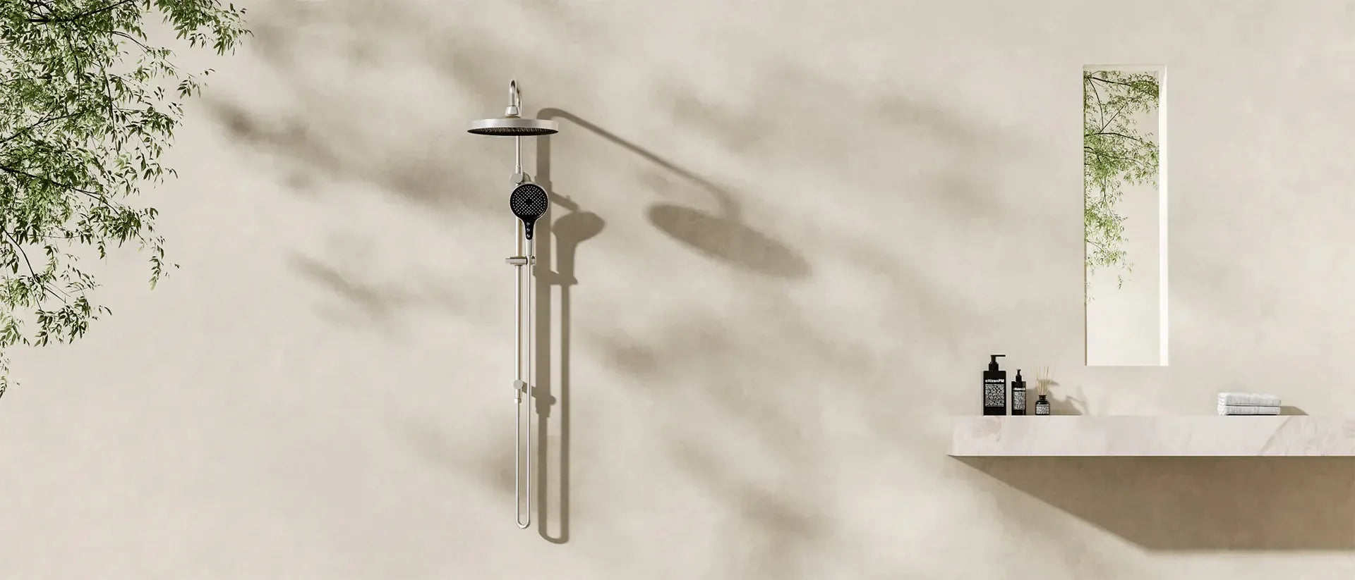 Modern minimalist shower set on light bathroom wall with sleek shelf and bath accessories