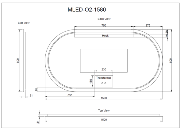 Technical drawing of MLED-O2-1580 oval LED bathroom mirror with dimensions, Secasa Home.