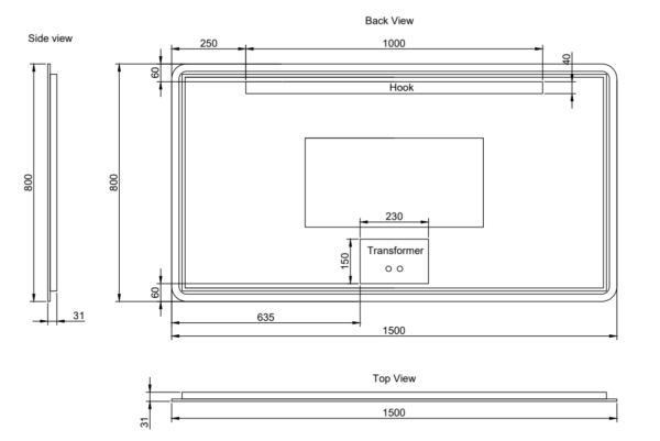 Rectangular bathroom vanity mirror technical drawing with dimensions, Secasa Home design