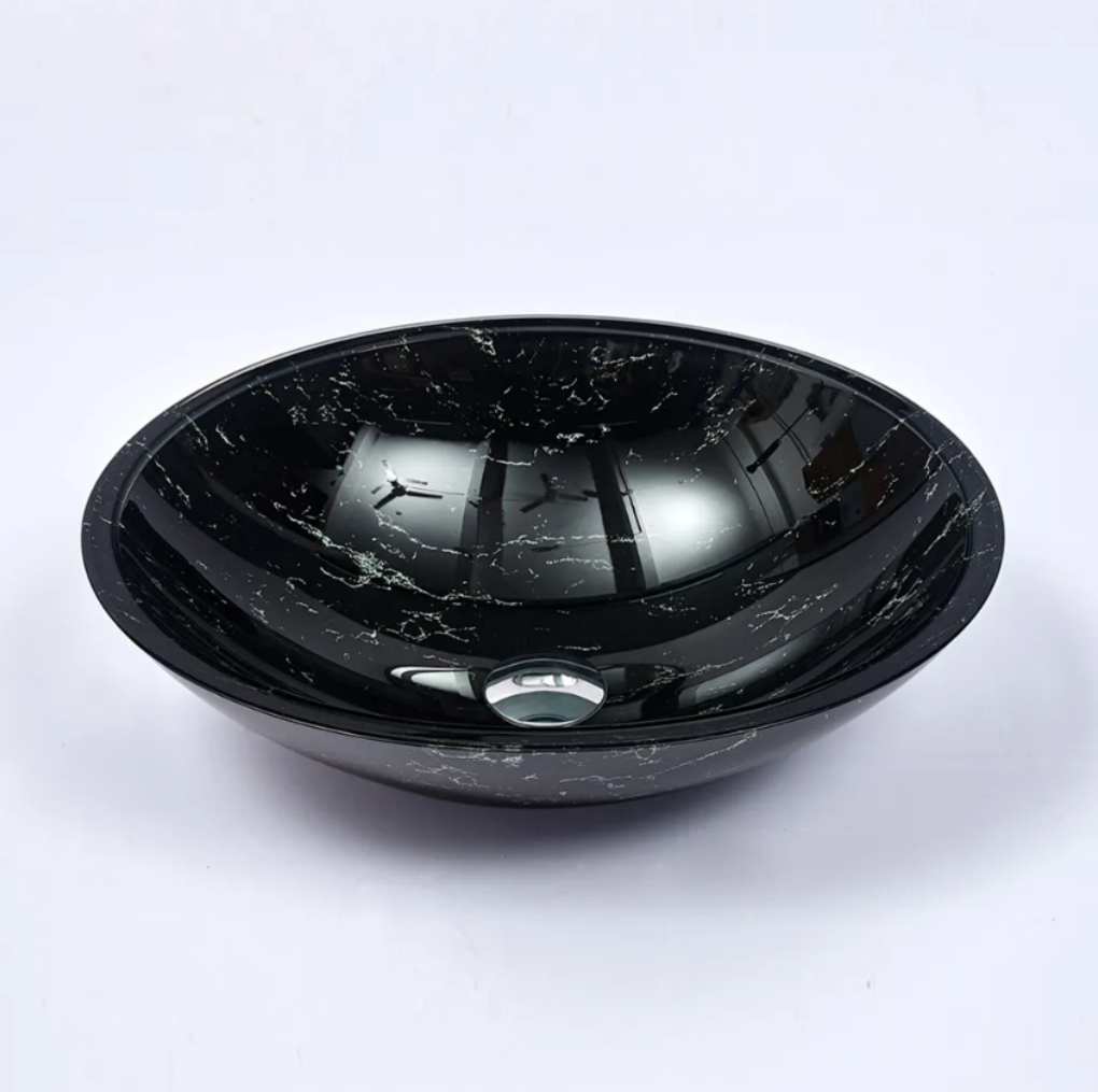 Infinity Gloss Black Double Layer Tempered Glass Oval Above Counter Art Basin 480*390*140mm