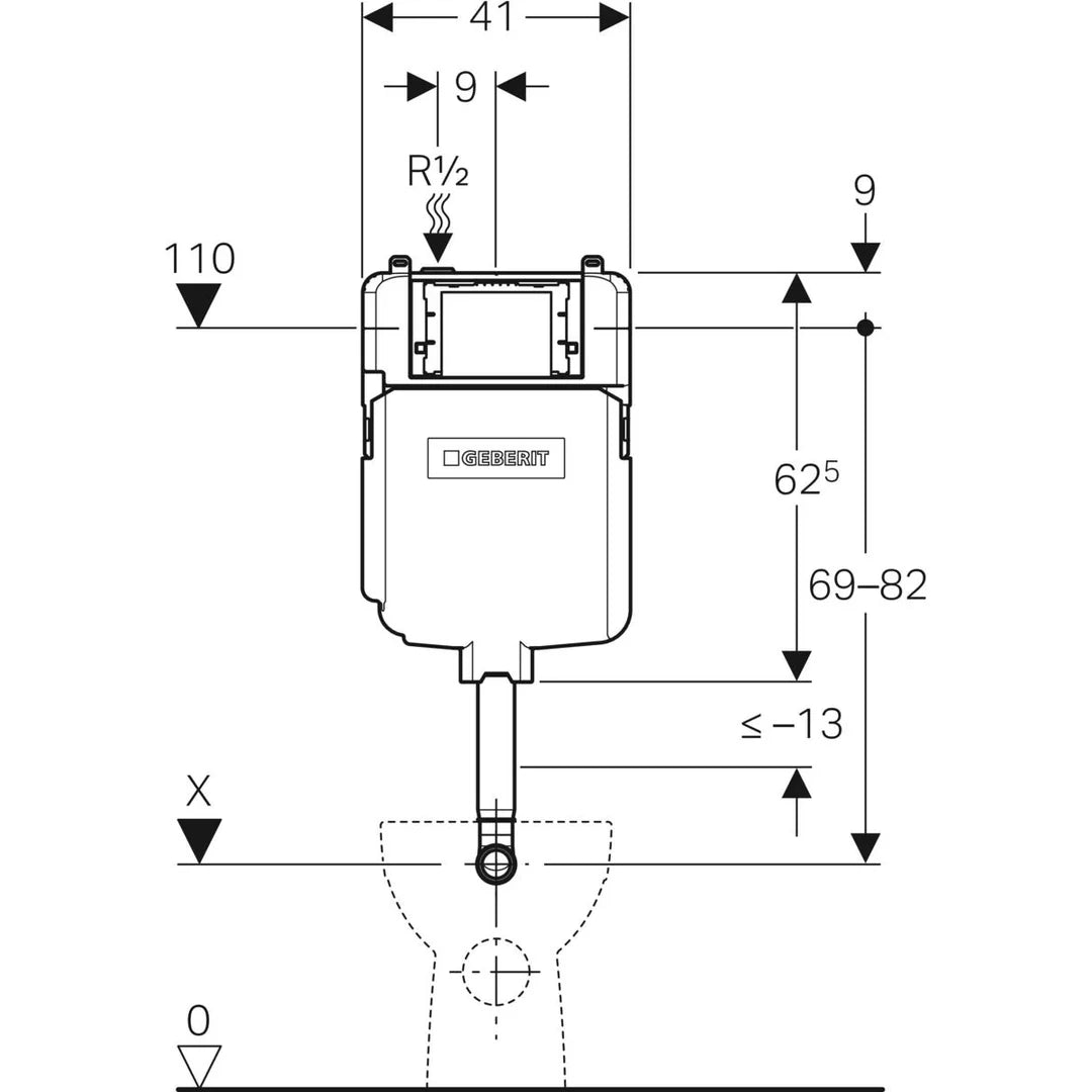 Technical diagram of Geberit concealed cistern with dimension details for modern bathroom renovation