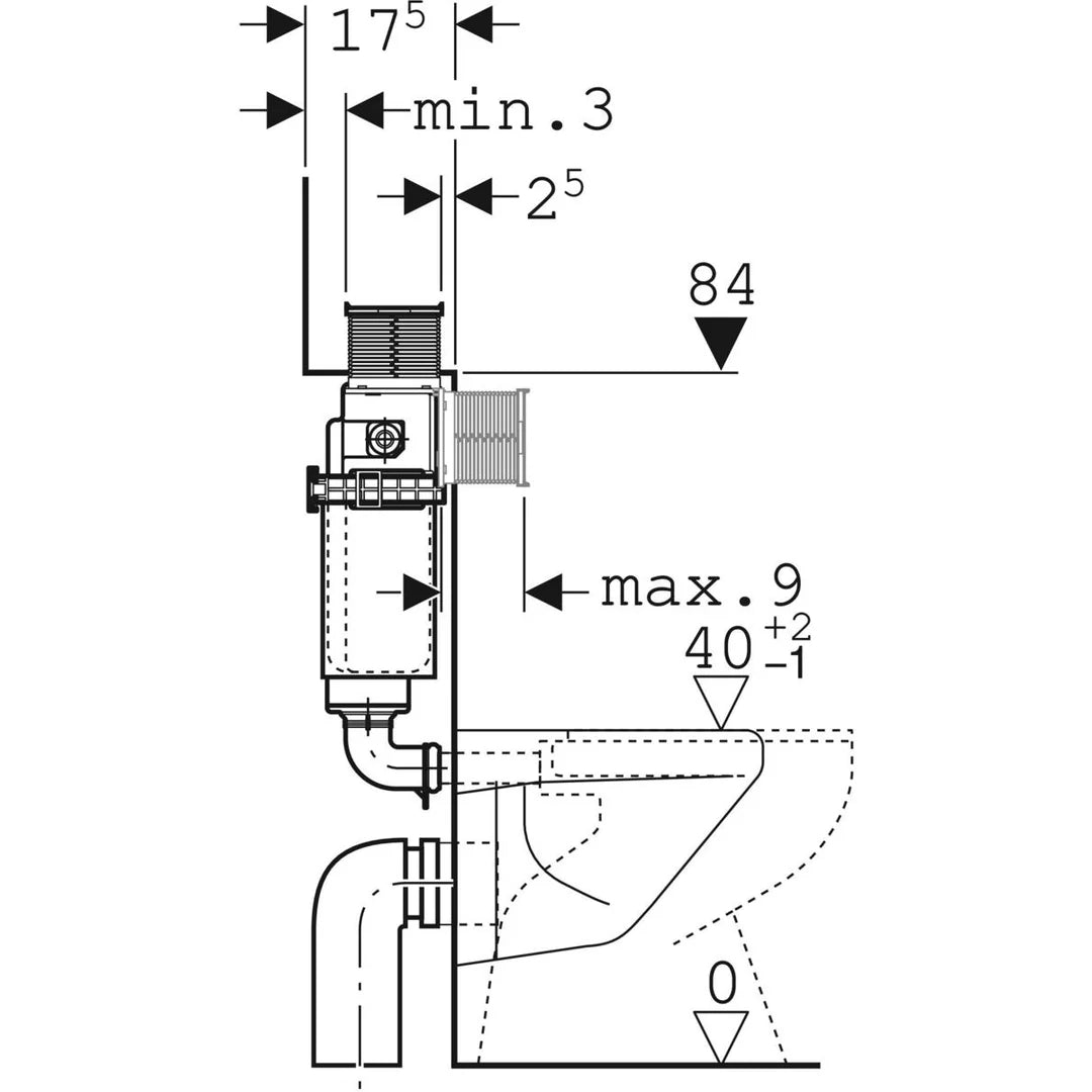 Technical drawing of modern toilet installation with dimensions for Secasa bathroom renovations