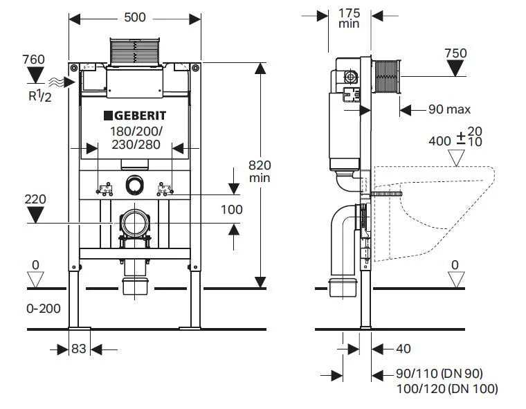 Geberit in-wall toilet cistern frame technical diagram, Secasa Home bathroom product