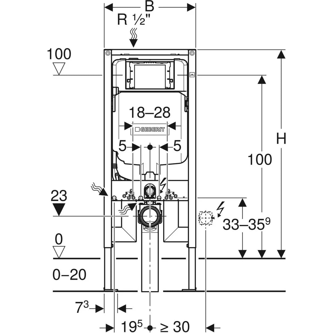 Geberit in-wall toilet cistern installation diagram with measurements, Secasa Home bathroom fitting
