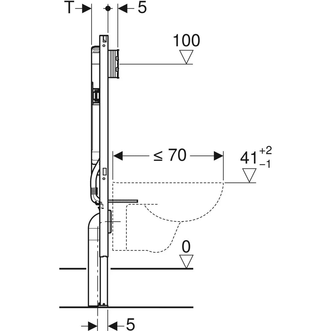 Technical side drawing of a wall-hung toilet frame with dimensional measurements, Secasa Home bathroom renovation.