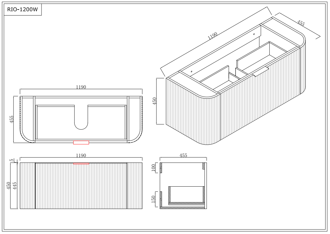 INFINITY RIO Matt Black Curved Fluted Wall Hung Vanity ALL SIZE