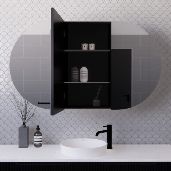 Modern black bathroom vanity with open cabinet, round mirror, stylish basin and tapware