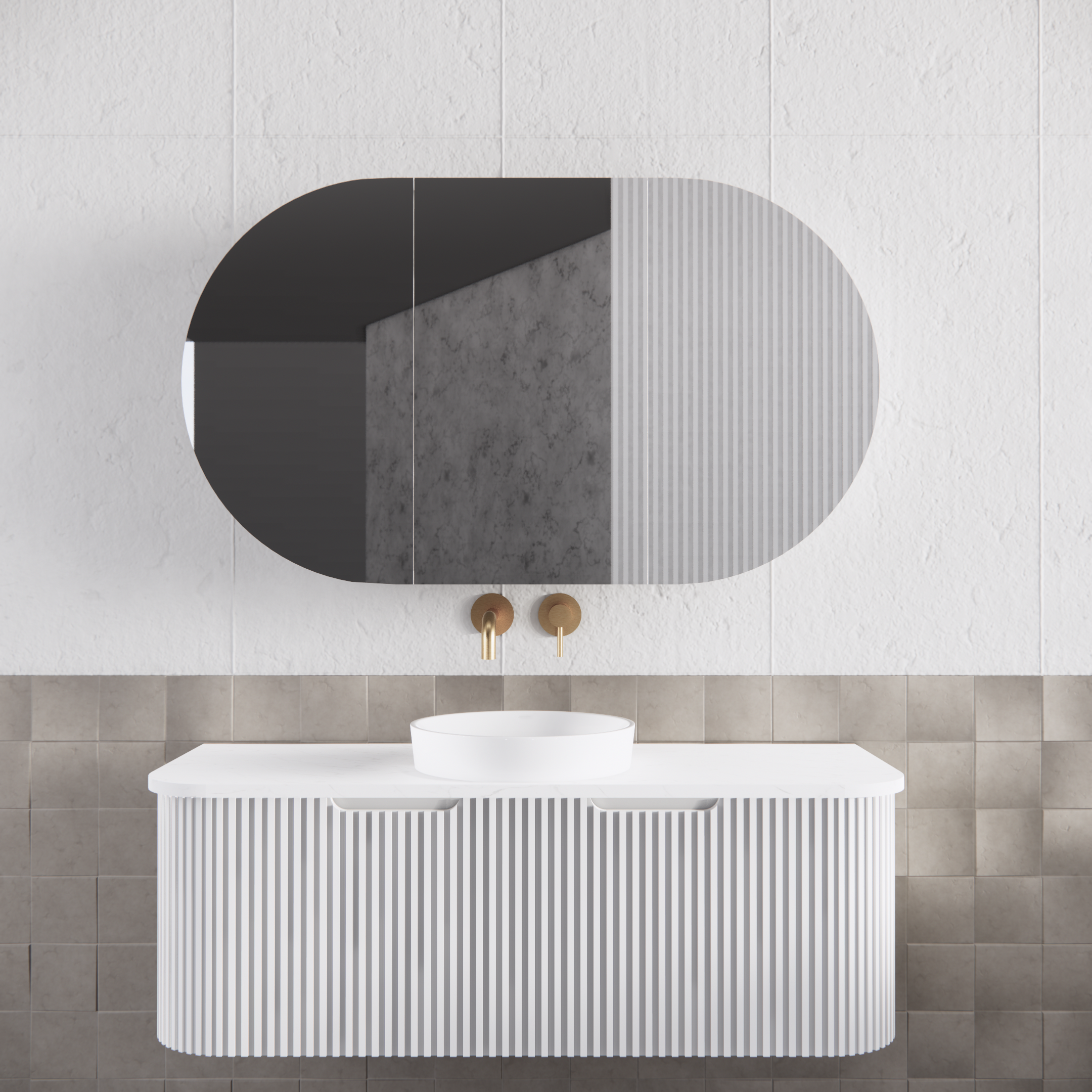 Modern white fluted bathroom vanity with round basin, wall-mounted brass tapware, and oval mirror.