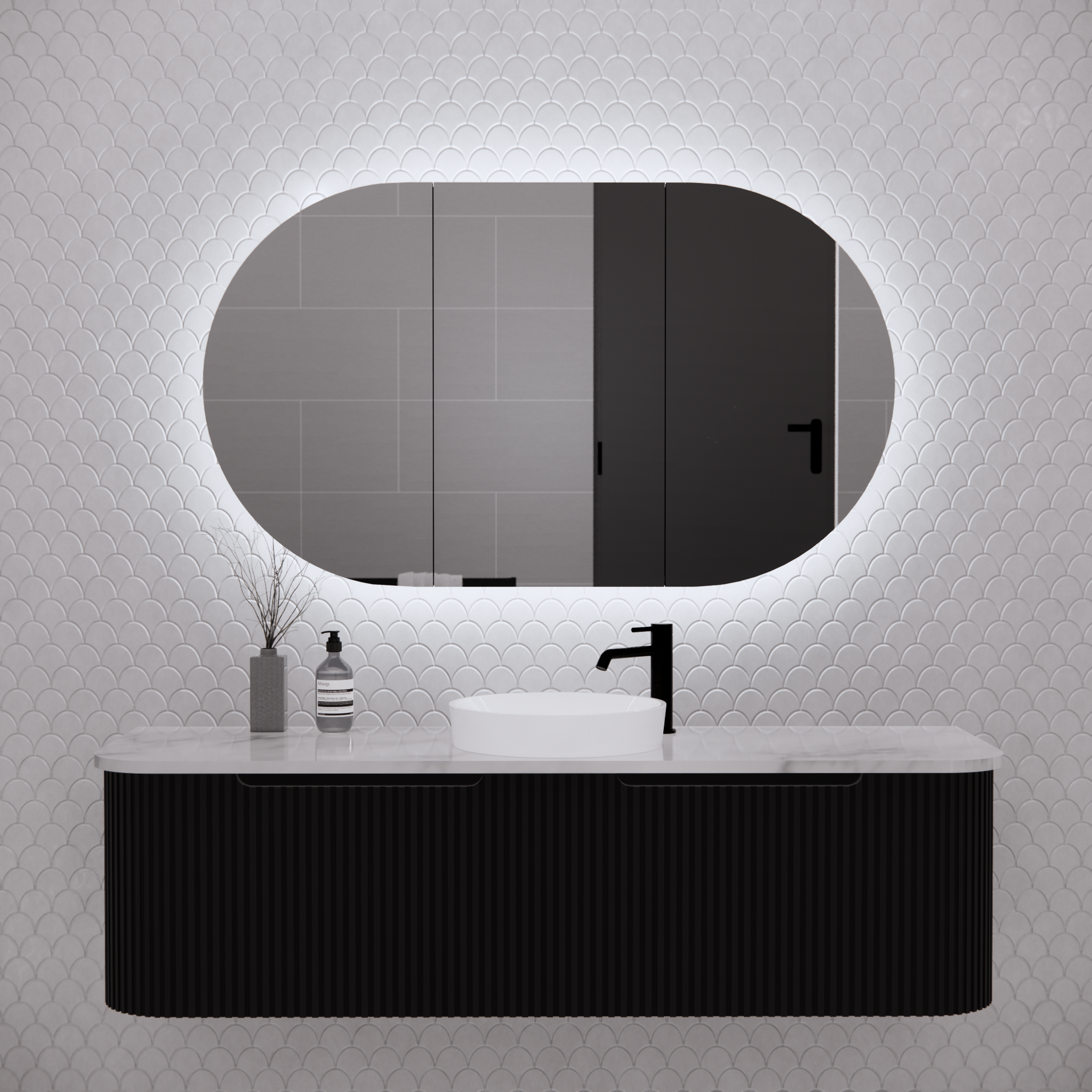 Modern floating black bathroom vanity with vessel sink, LED oval mirror, and textured tile wall