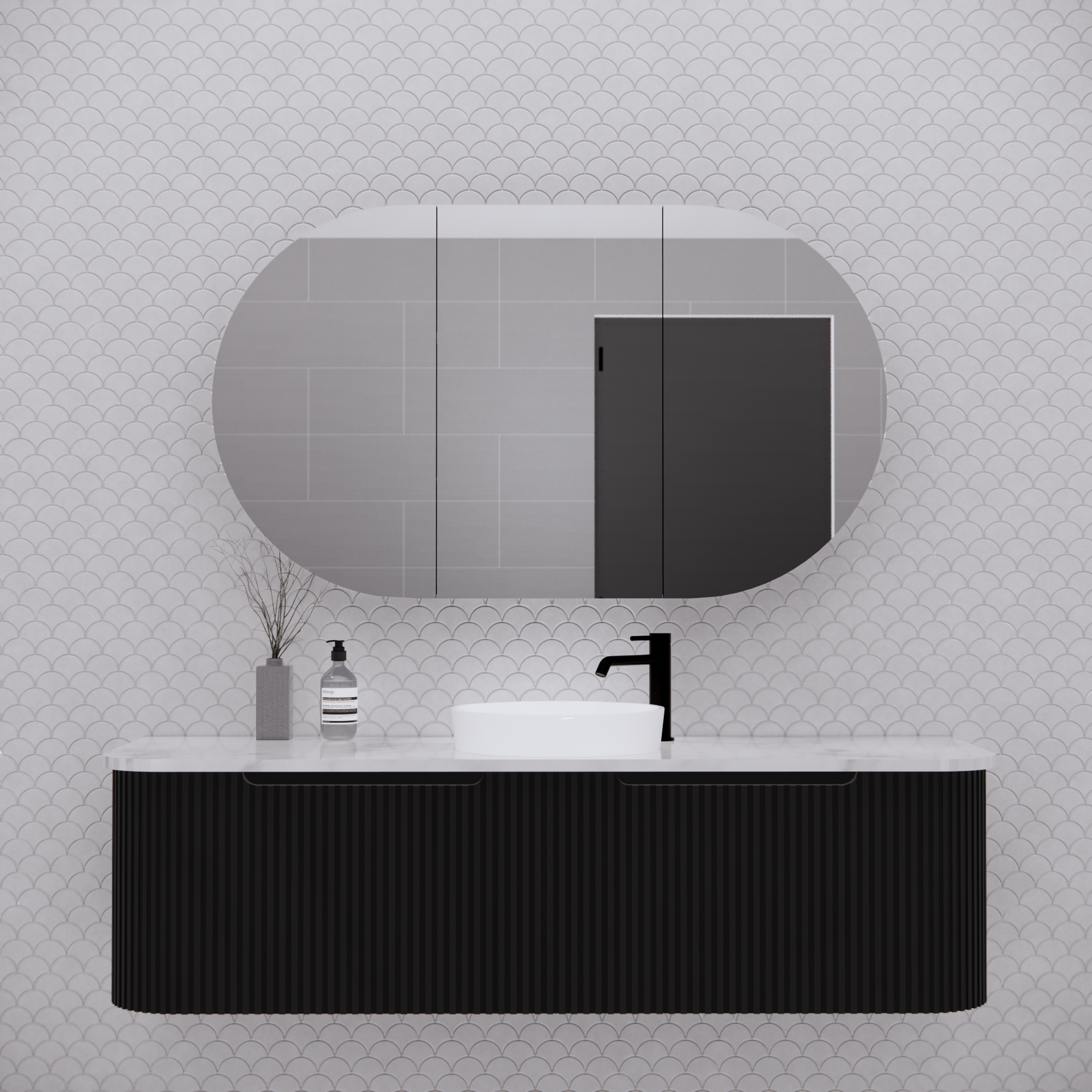 Modern black bathroom vanity with white basin, matte black tap, and oval mirror against patterned tile wall from Secasa Home.