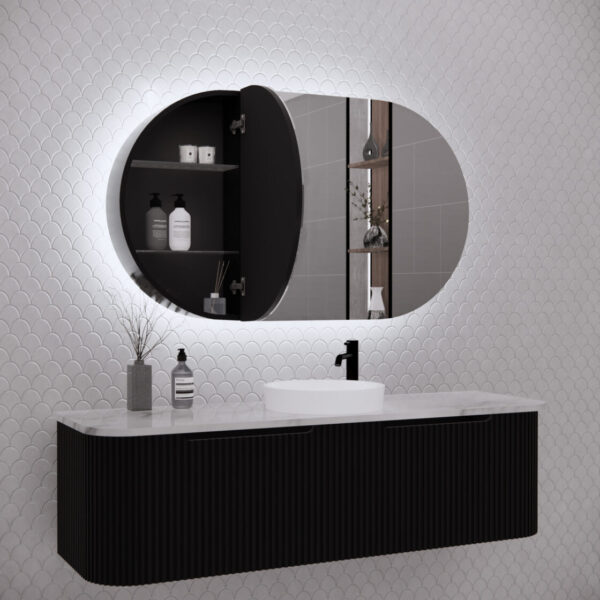 Modern bathroom vanity with black cabinet, oval LED mirror, and stylish accessories from Secasa Home