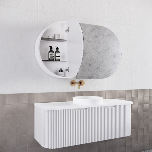 Modern white bathroom vanity with fluted drawers and a round mirrored cabinet, Secasa Home