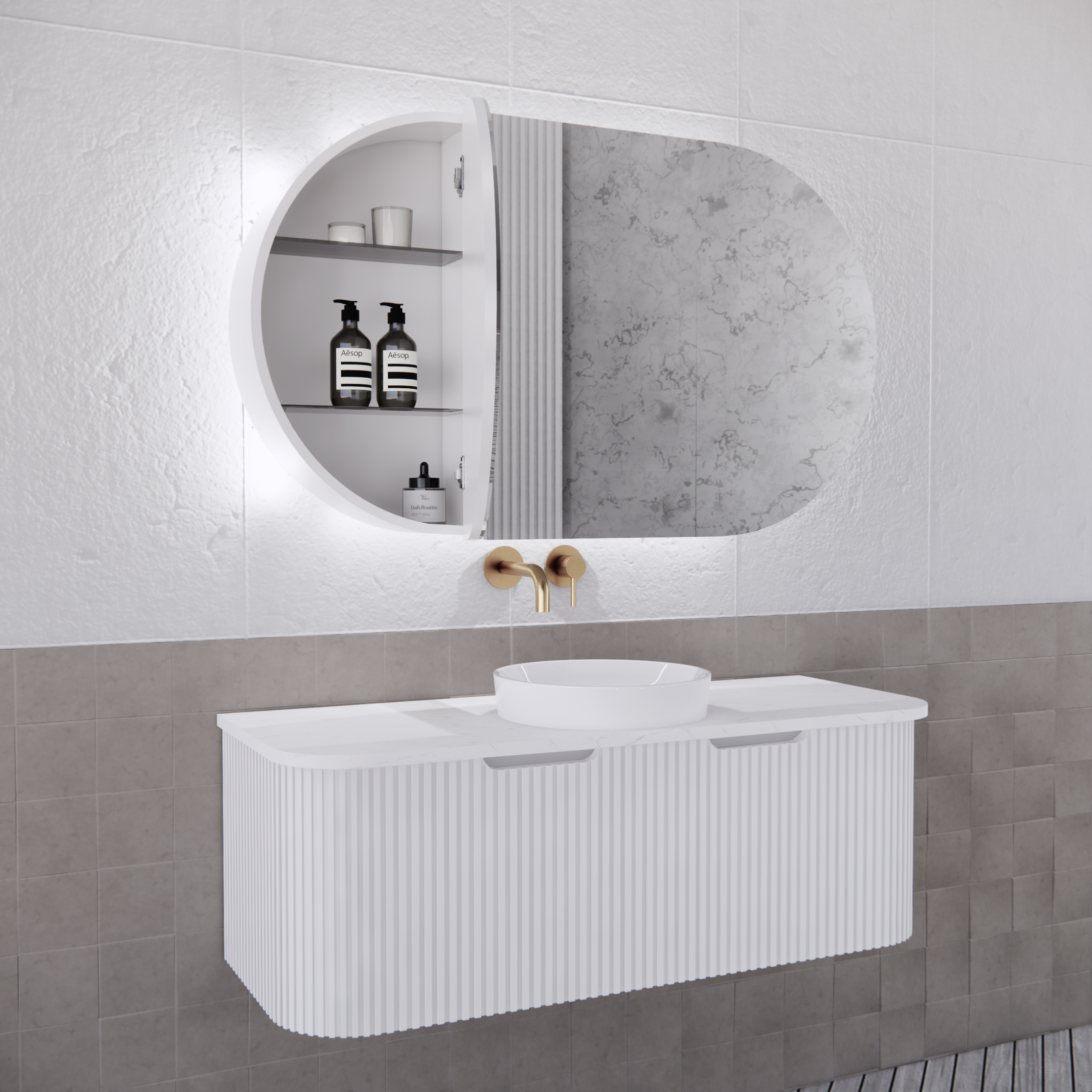 Modern bathroom vanity with round LED mirror cabinet, white basin, and brass tapware