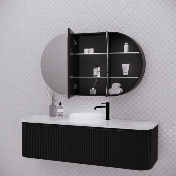 Modern black bathroom vanity with round mirrored cabinet, white basin, and black tapware set against a patterned white tile wall from Secasa Home.