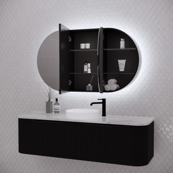 Modern black bathroom vanity with round LED mirror cabinet on white tile wall, Secasa Home